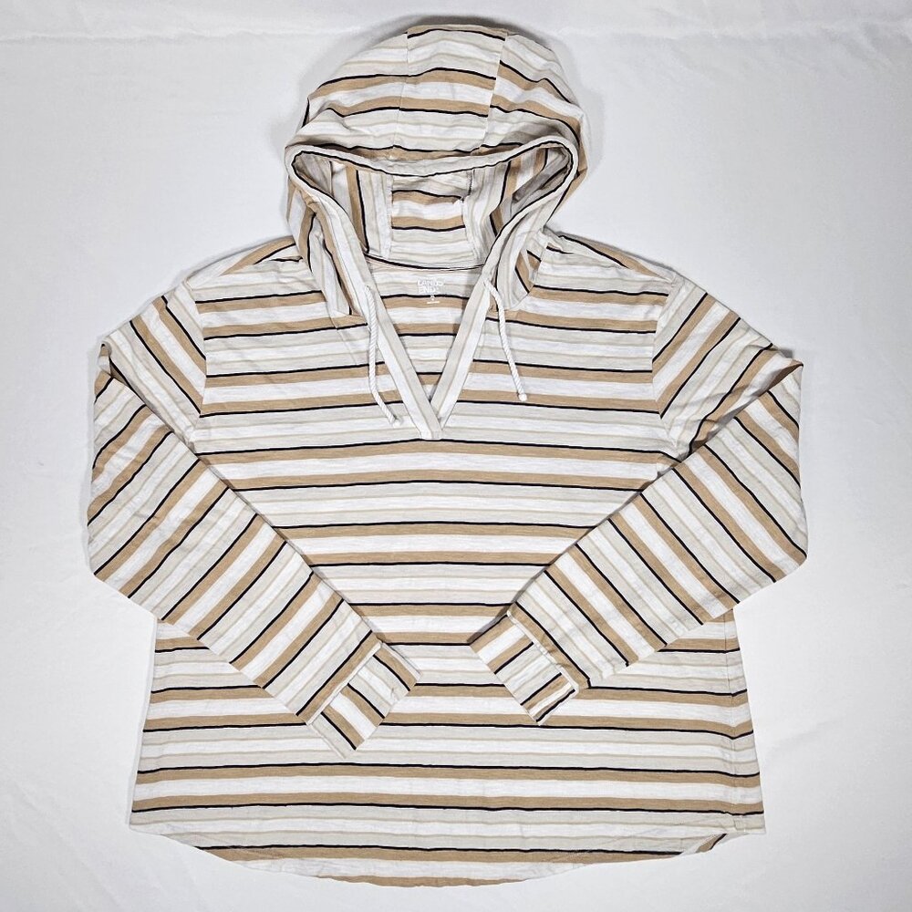 Lands' End XL Hooded Stripe Top Beige Navy Cotton Pullover